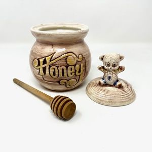 Vintage Pottery Craft USA Honey Pot w/Wooden Dipper Circa 1970"s Bear on Lid